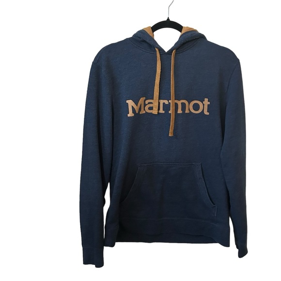 Marmot Men’s Blue Hoodie With Mustard Lining Kangaroo Pocket Size Medium. - Picture 2 of 9